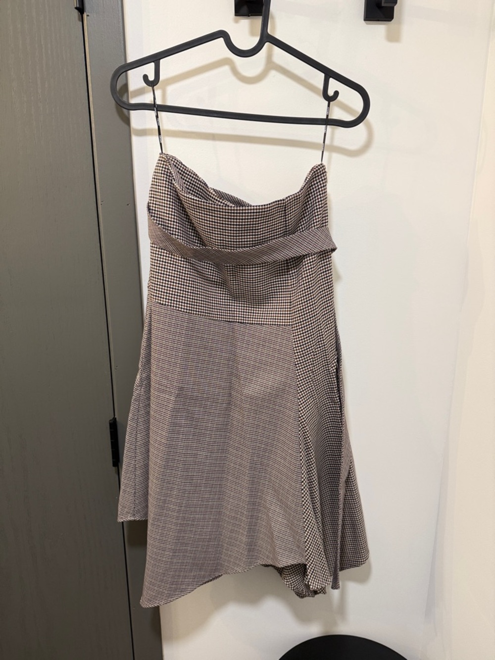 DKNY Asymmetrical Hem Glen Plaid Skirt in Taupe and Cream